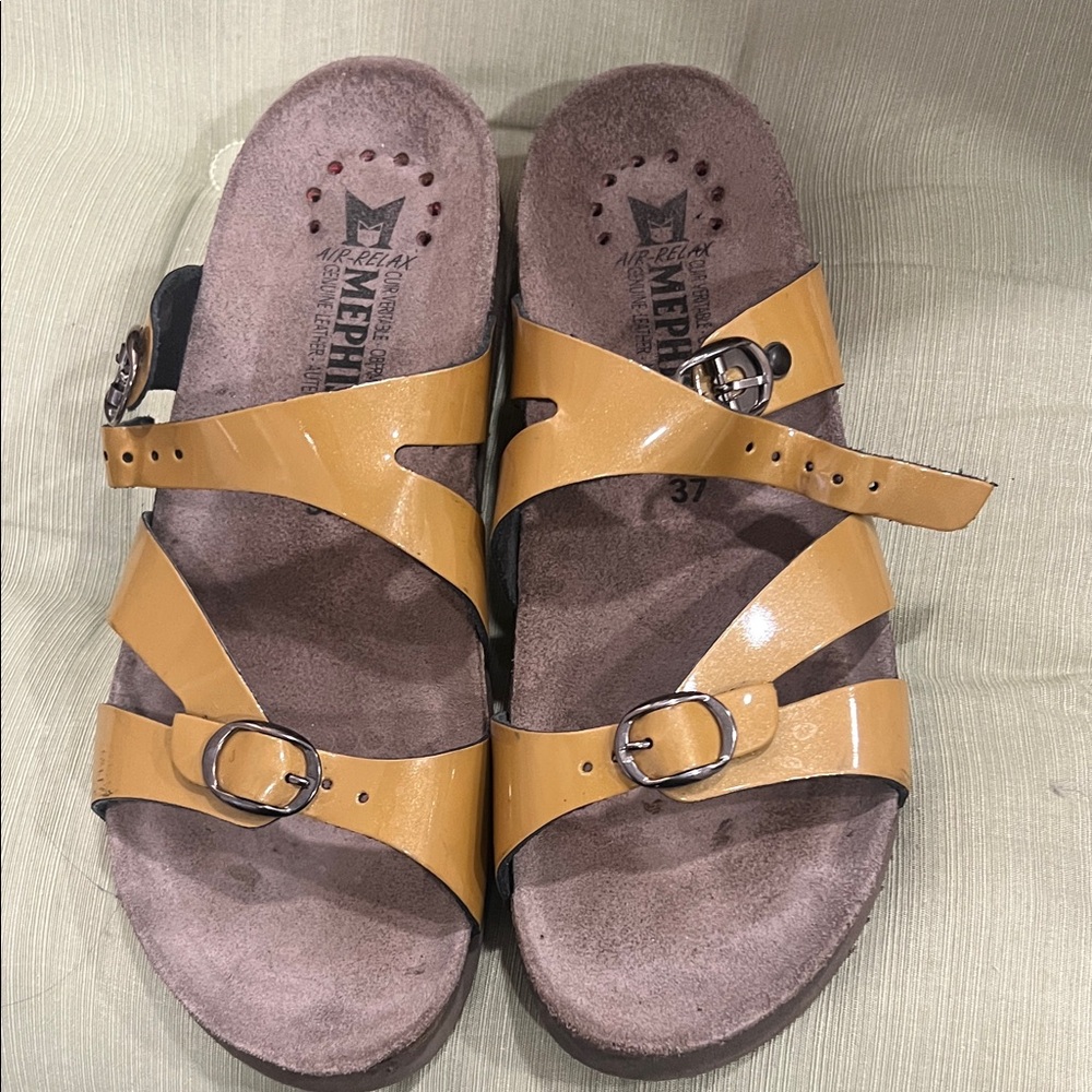 Mephisto Women's Mustard Patent Multi-Strap Buckle Sandals